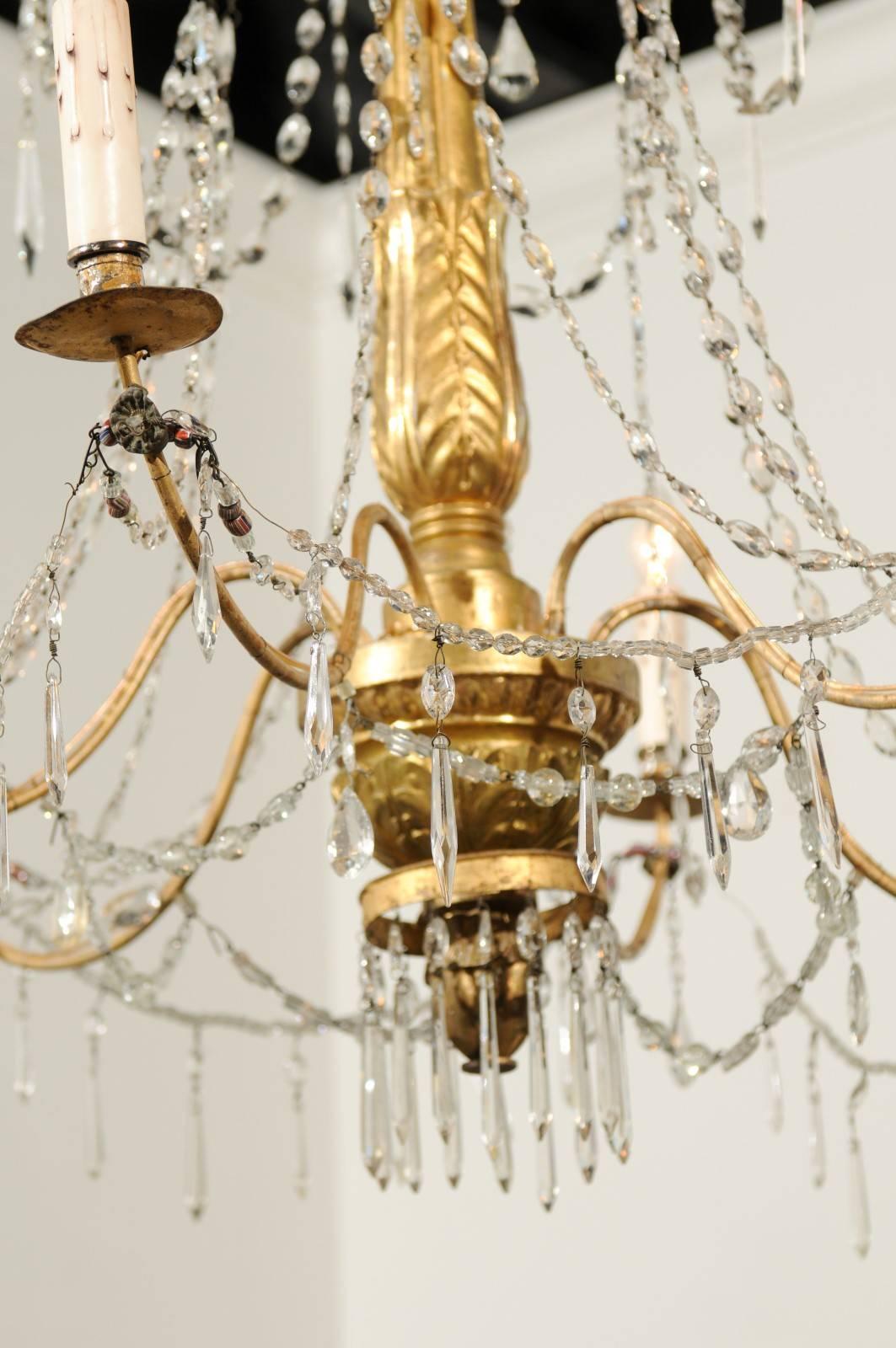 Tall Italian 1850s Chandelier with Giltwood Column and Waterfall Crystals 1