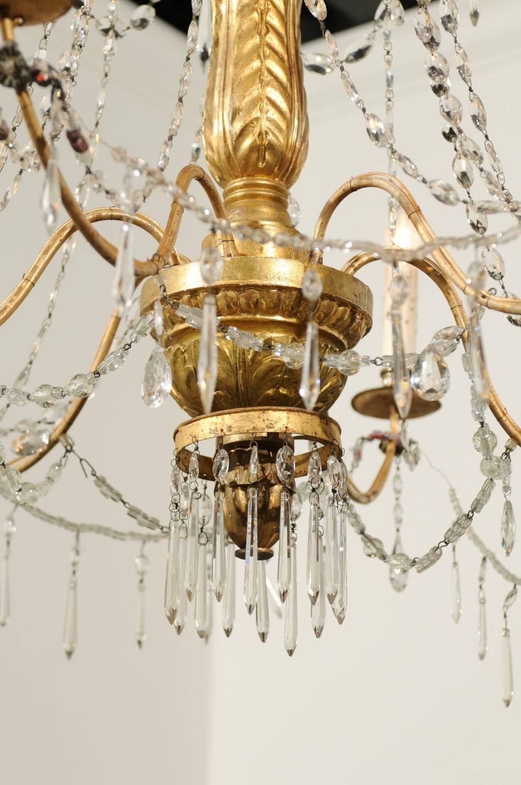Tall Italian 1850s Chandelier with Giltwood Column and Waterfall Crystals 4