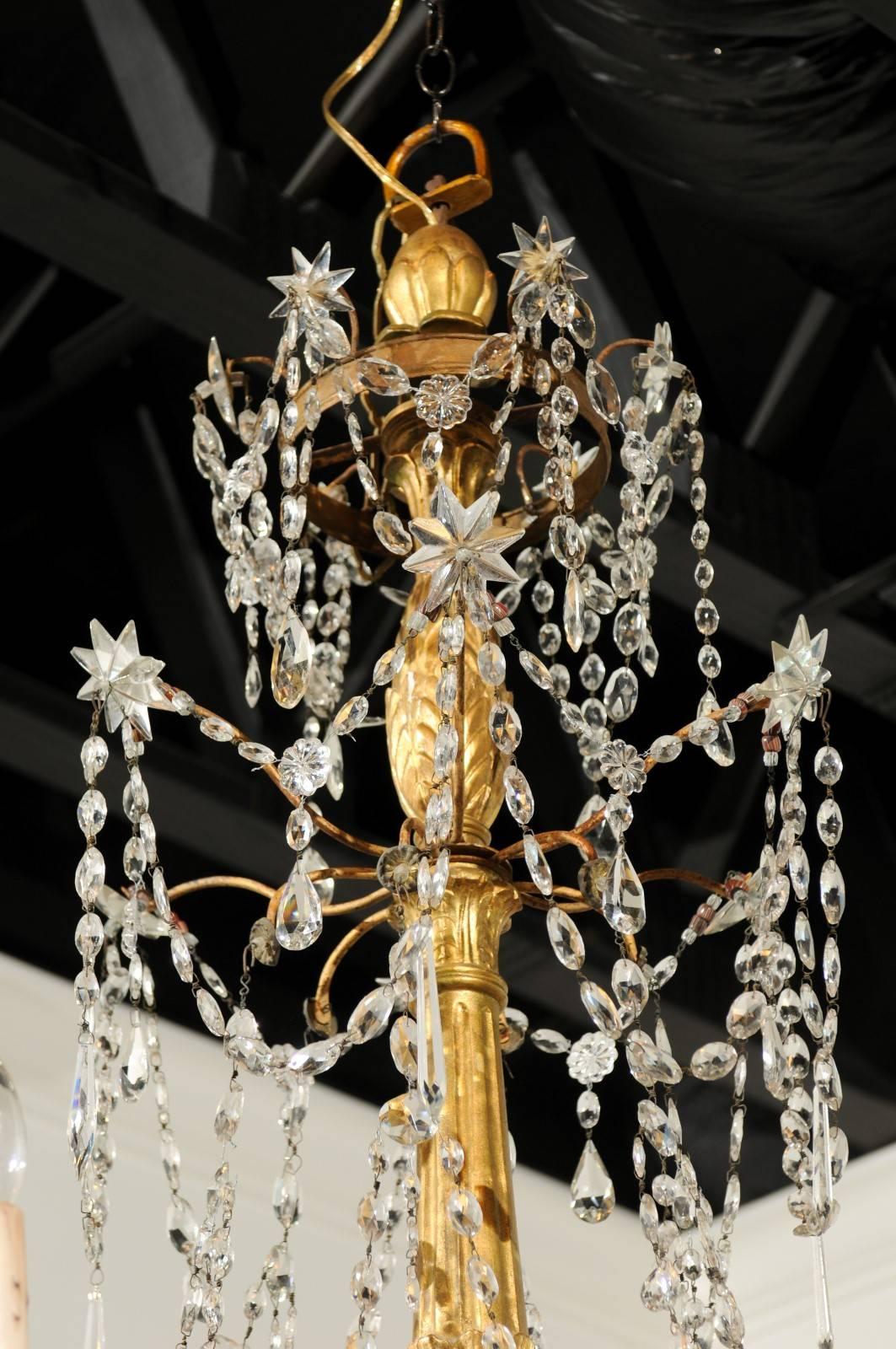 Tall Italian 1850s Chandelier with Giltwood Column and Waterfall Crystals 3