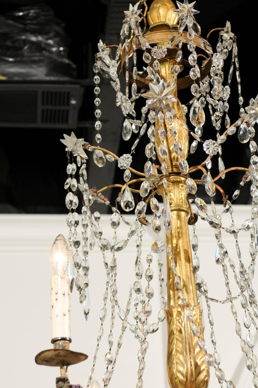Tall Italian 1850s Chandelier with Giltwood Column and Waterfall Crystals 5
