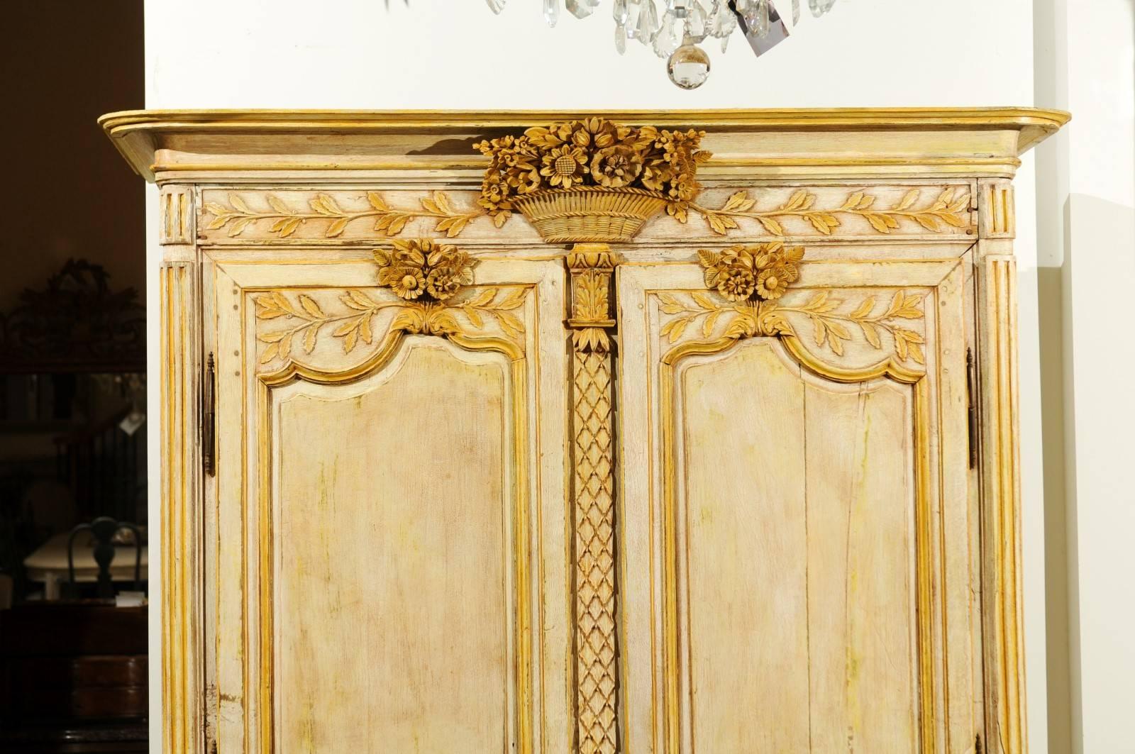 Louis XVI French Mid-18th Century Transition Painted Armoire with Floral Carved Cornice