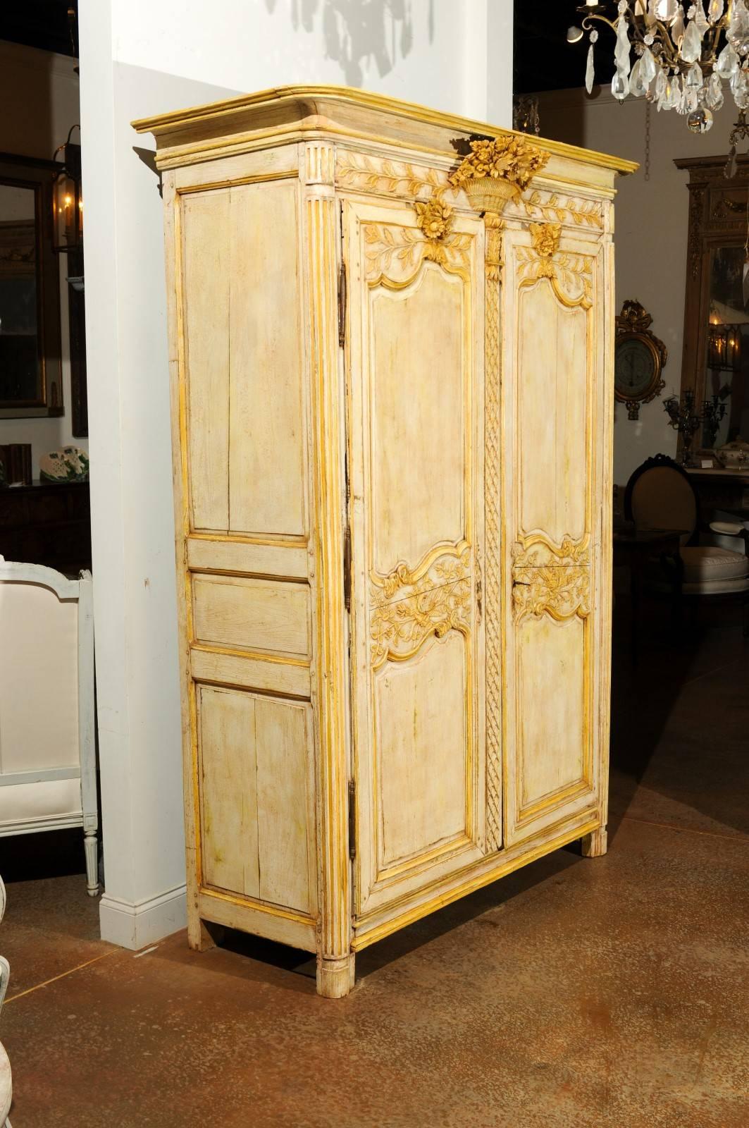 French Mid-18th Century Transition Painted Armoire with Floral Carved Cornice 4