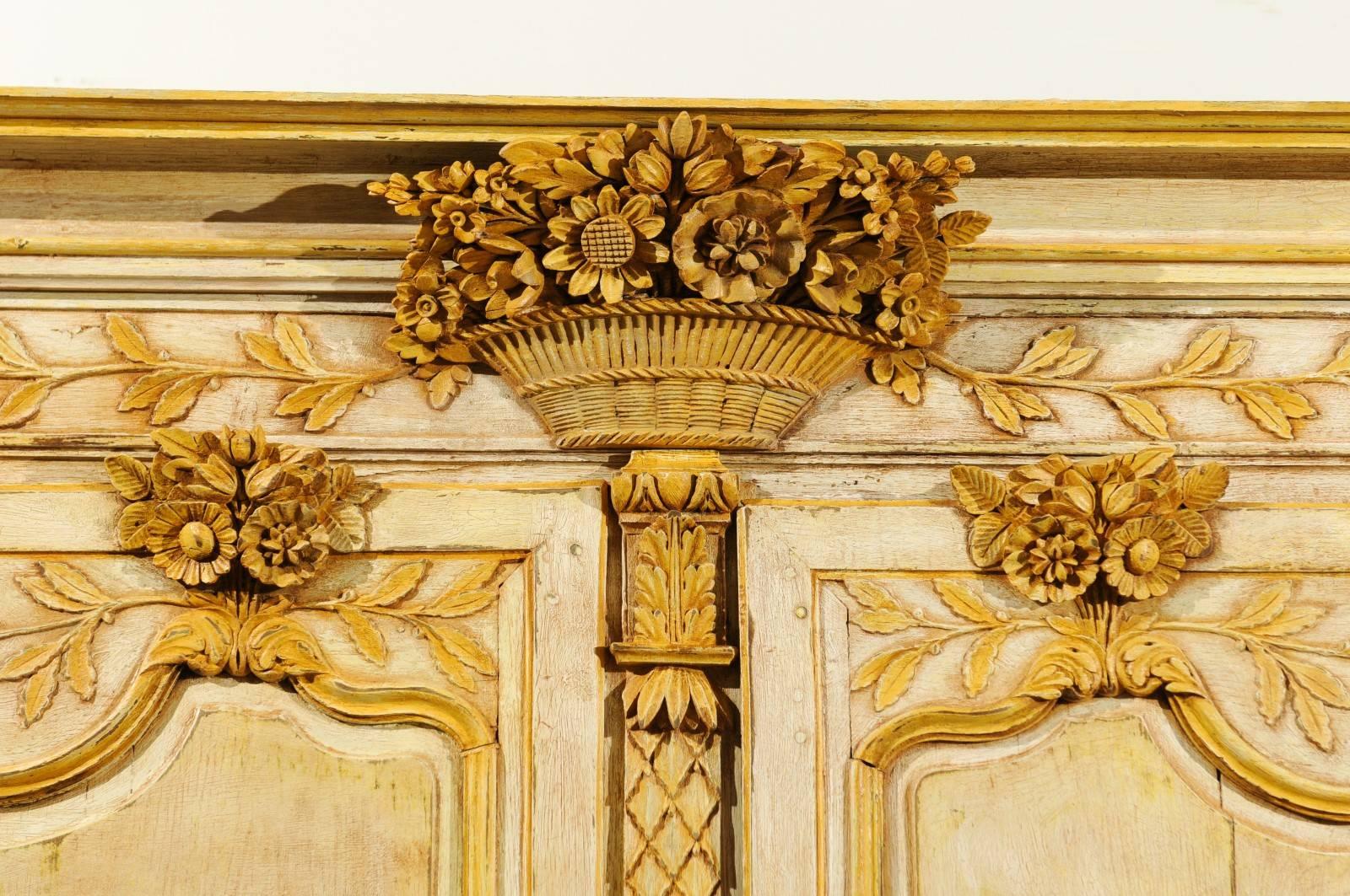 Wood French Mid-18th Century Transition Painted Armoire with Floral Carved Cornice