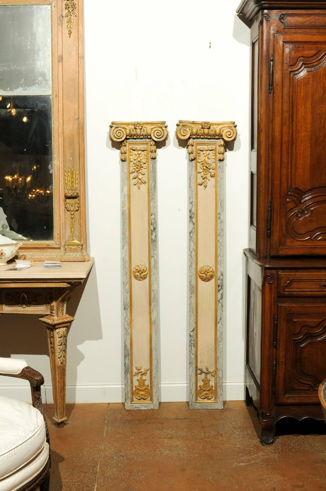 Painted Pair of 18th Century French Louis XVI Decorative Pilasters with Ionic Capitals