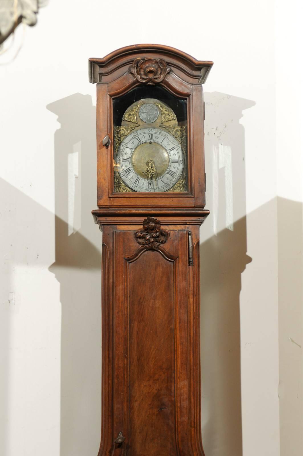 Gilt French Louis XV Period Walnut Longcase Clock from the Rhône Valley, circa 1760 For Sale