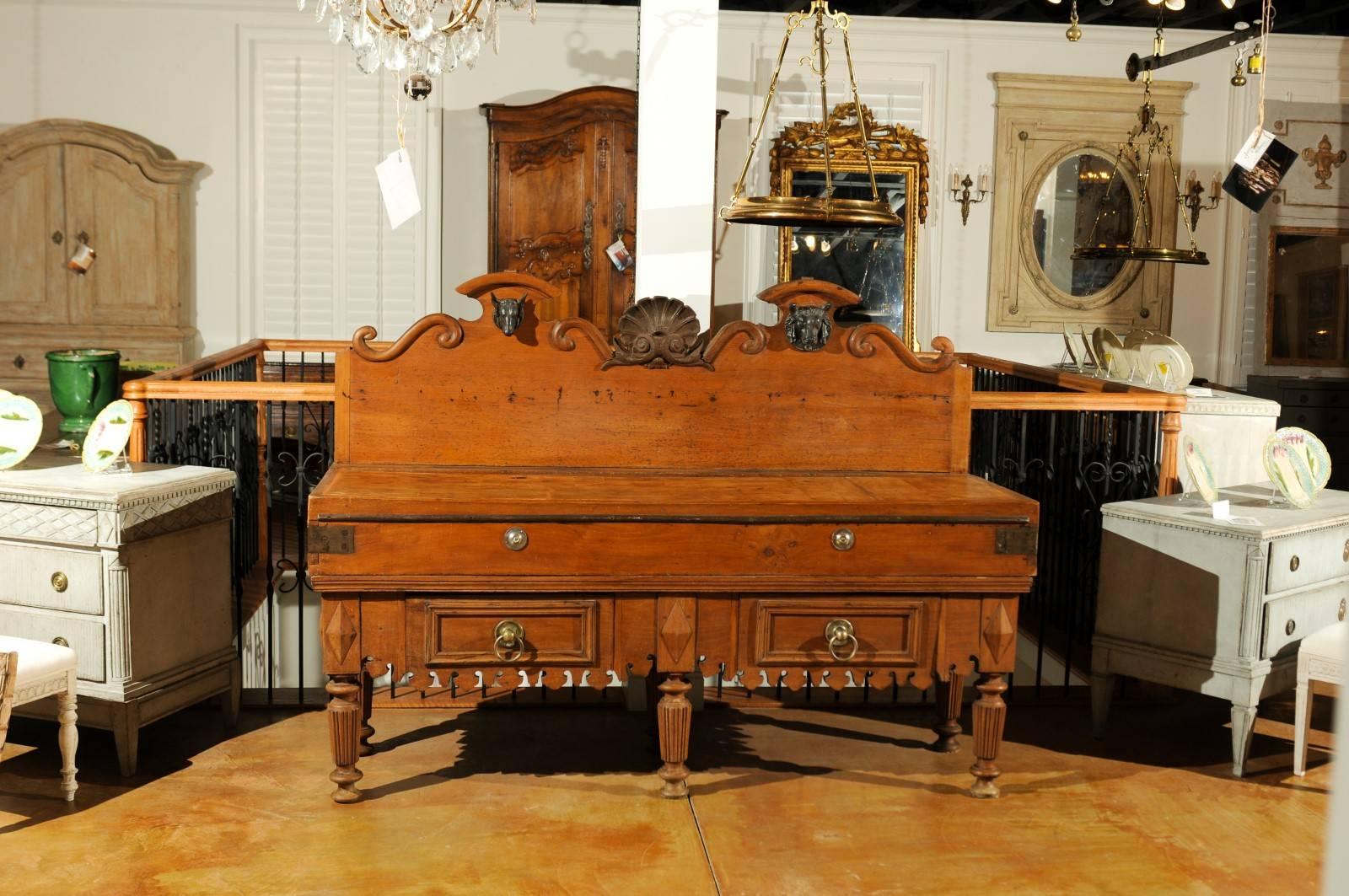 Large-Scale French Butcher's Table with Mounted Iron Motifs and Two Drawers In Good Condition In Atlanta, GA