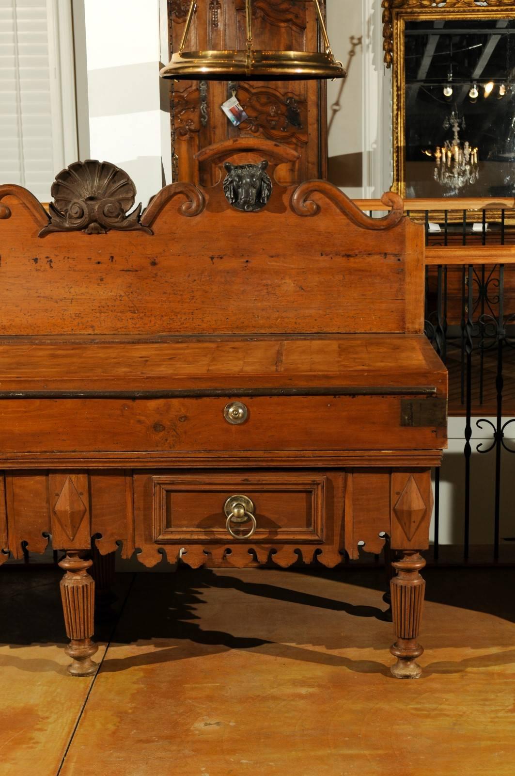 19th Century Large-Scale French Butcher's Table with Mounted Iron Motifs and Two Drawers