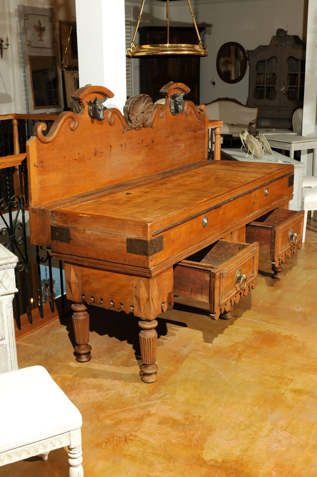 Large-Scale French Butcher's Table with Mounted Iron Motifs and Two Drawers 1