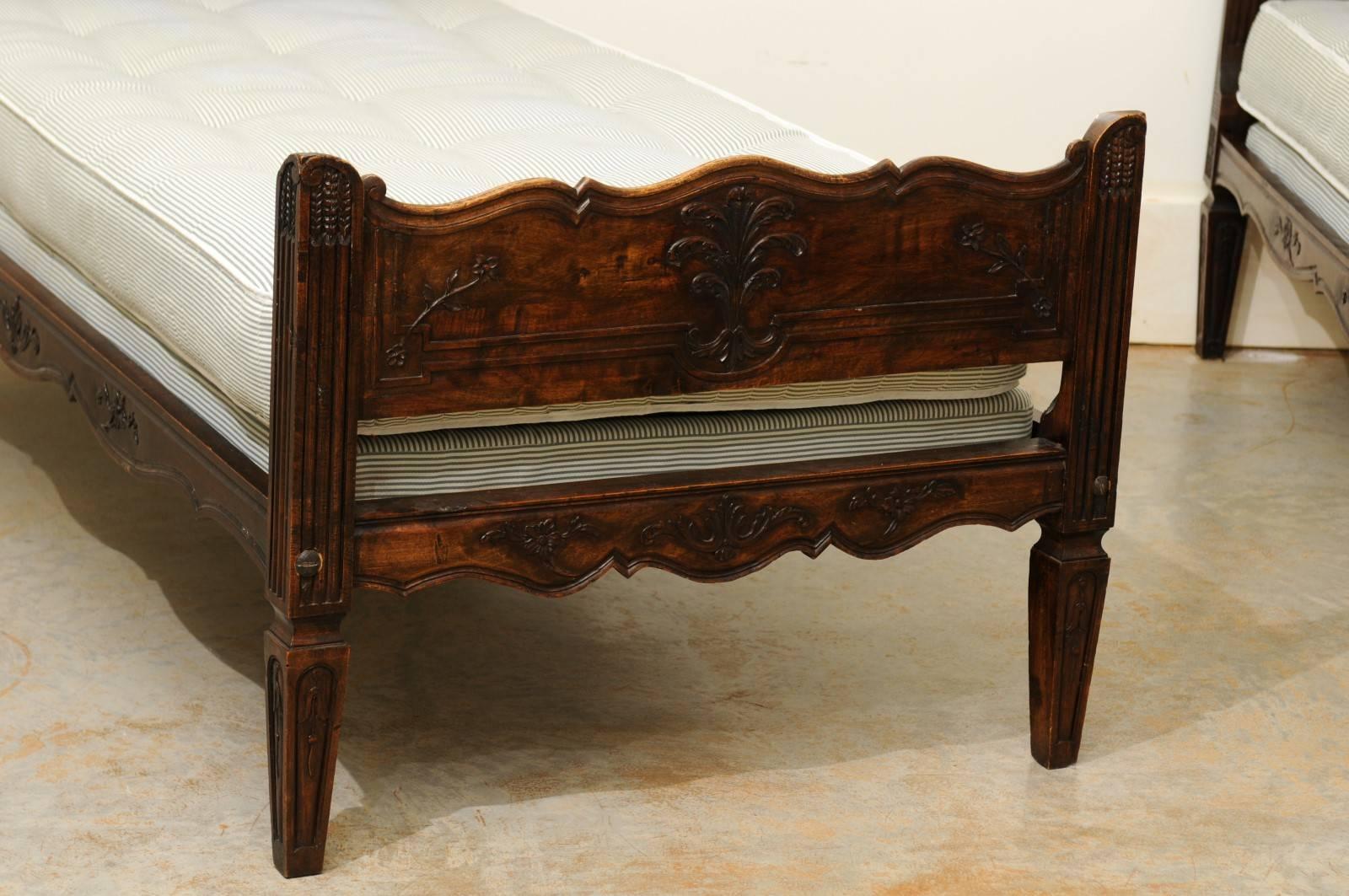 Pair of French 19th Century Walnut Twin Beds with Carved Headboard and Footboard 1