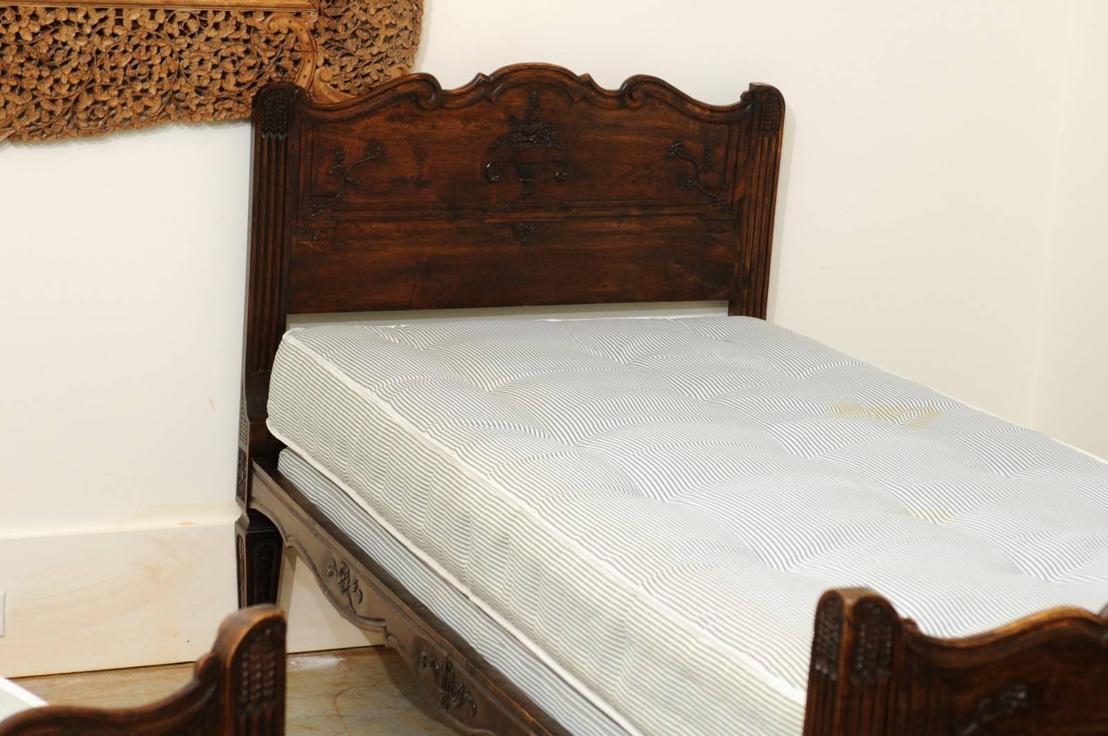 Pair of French 19th Century Walnut Twin Beds with Carved Headboard and Footboard 4