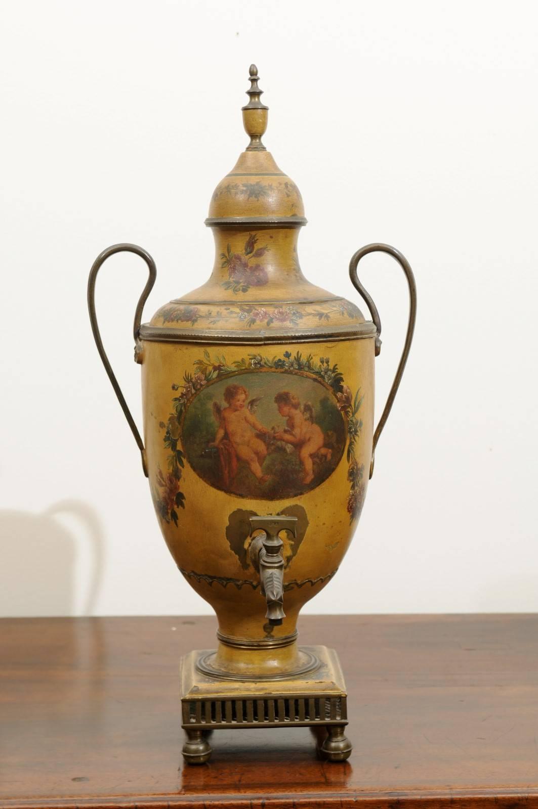 Rococo 19th Century, French Painted Tole Coffee Pot with Cherub Painted Scene