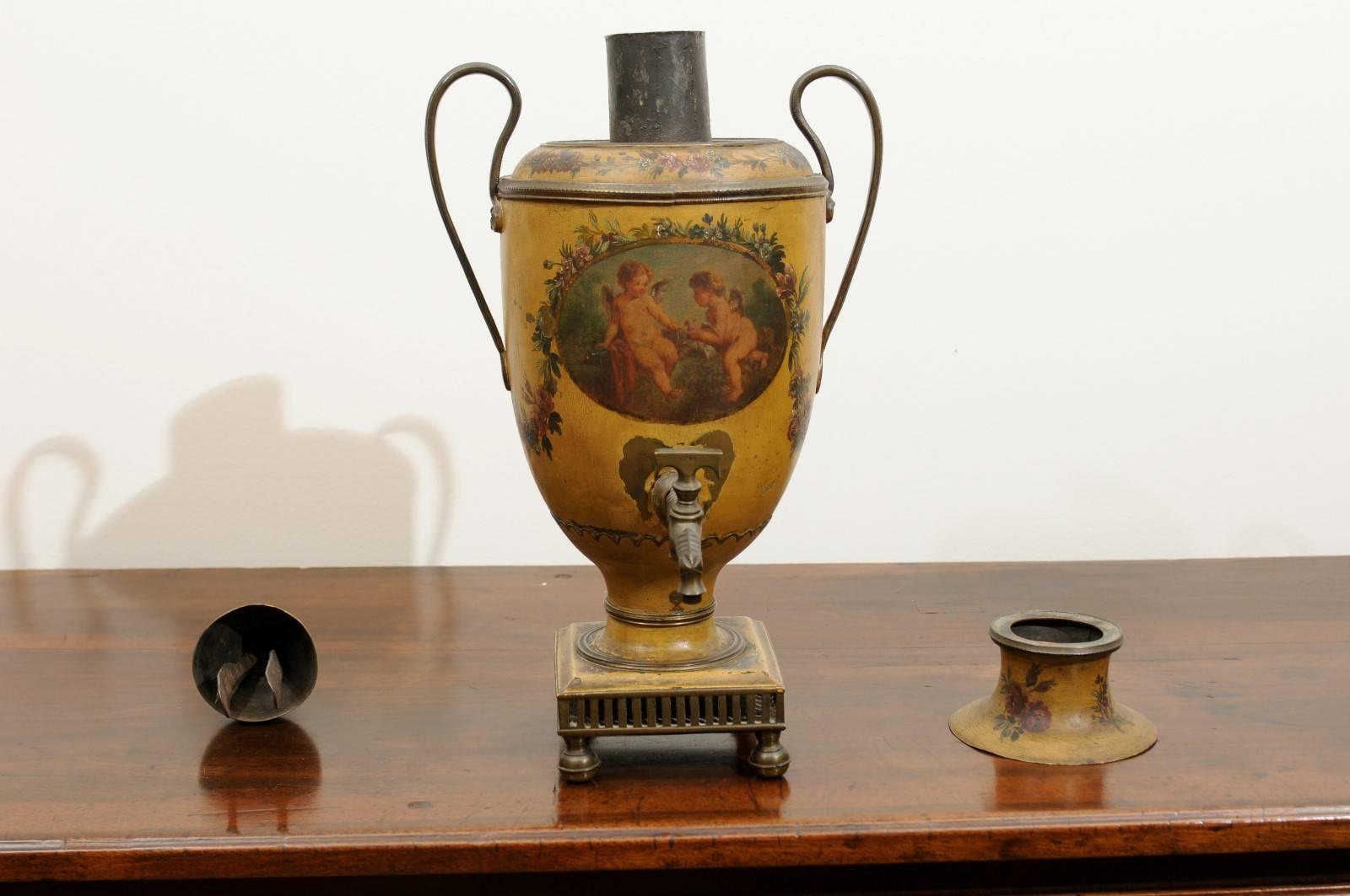 Tôle 19th Century, French Painted Tole Coffee Pot with Cherub Painted Scene