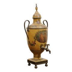 19th Century, French Painted Tole Coffee Pot with Cherub Painted Scene