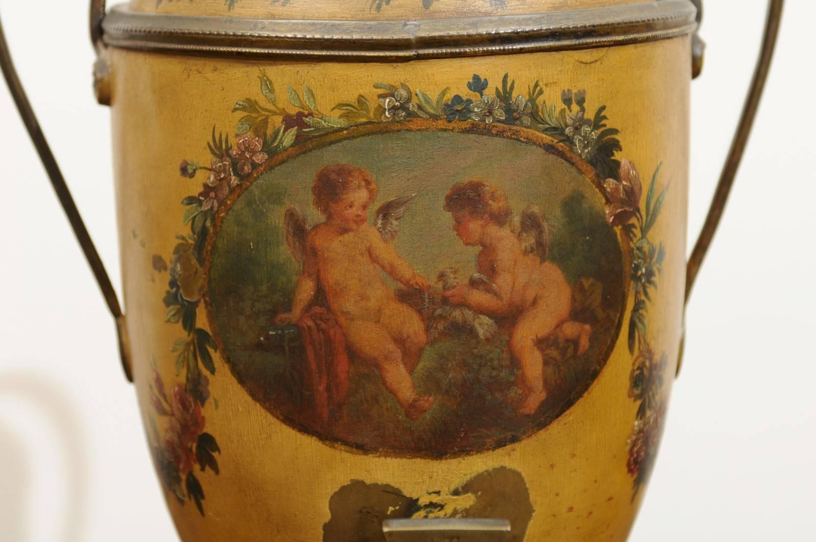 19th Century, French Painted Tole Coffee Pot with Cherub Painted Scene In Good Condition In Atlanta, GA