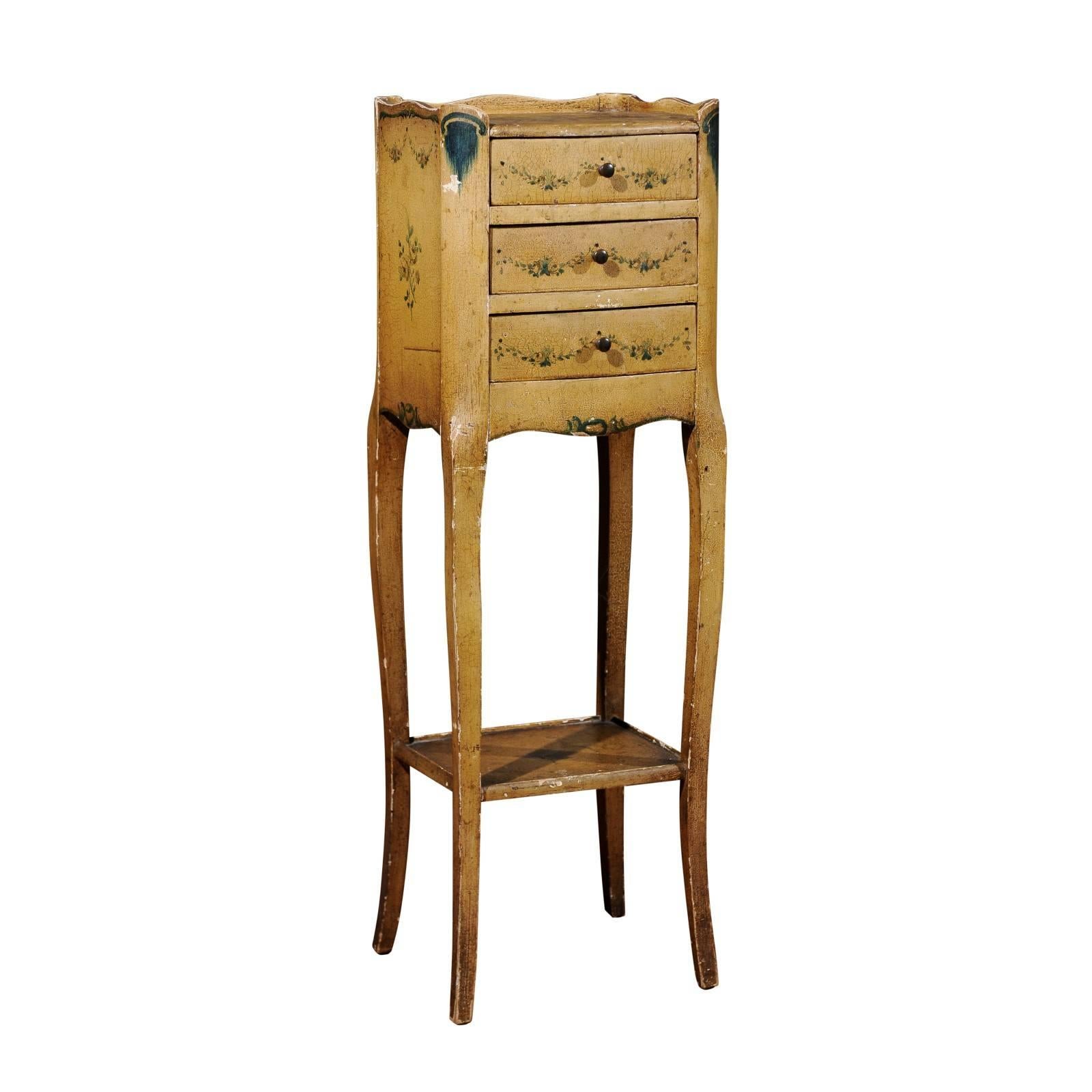 Italian 19th Century Nightstand Table with Painted Decor, Drawers and Low Shelf