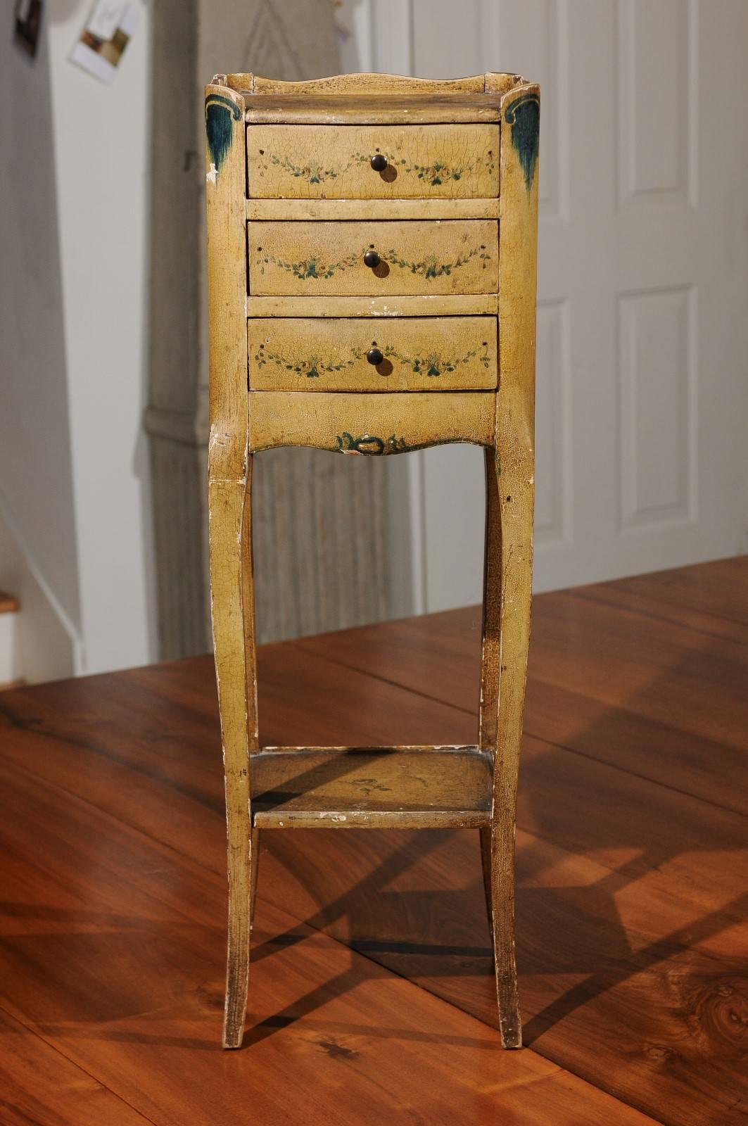 Italian 19th Century Nightstand Table with Painted Decor, Drawers and Low Shelf 2