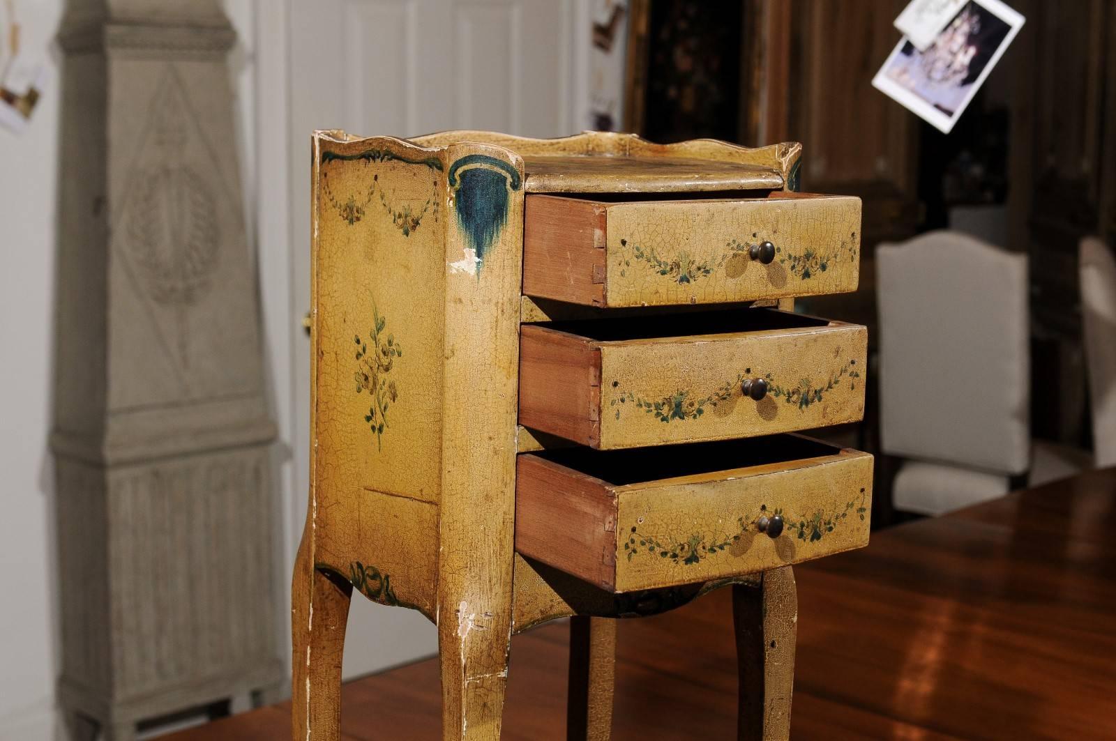 Italian 19th Century Nightstand Table with Painted Decor, Drawers and Low Shelf 1