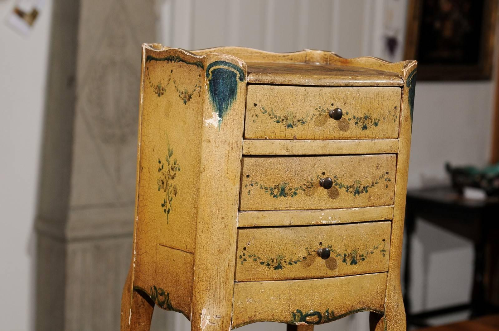 Wood Italian 19th Century Nightstand Table with Painted Decor, Drawers and Low Shelf