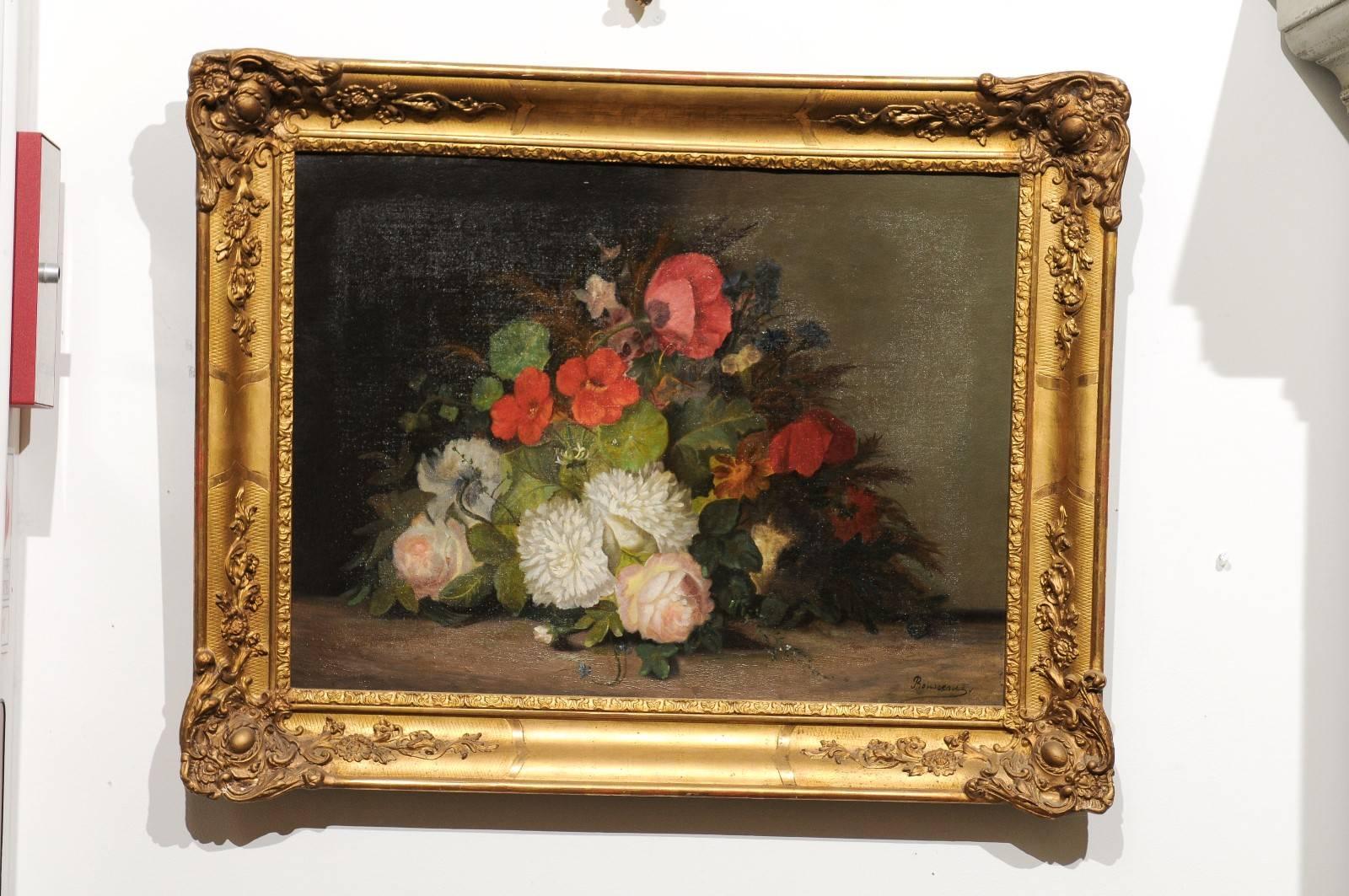 A 19th century framed oil on canvas floral painting signed by French artist Philippe Rousseau (1816-1887). This French still-life painting depicts an exquisite bouquet of flowers placed on a neutral background, in a manner resembling the production