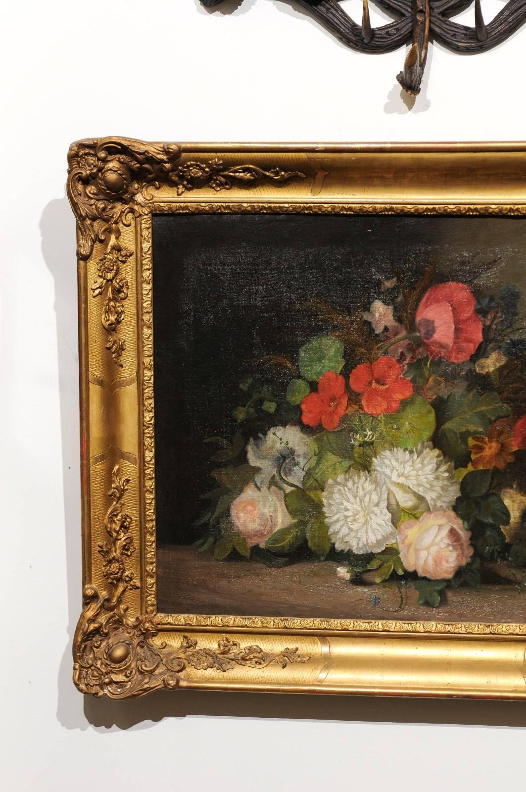 19th Century French Floral Painting Signed Philippe Rousseau in Giltwood Frame 2