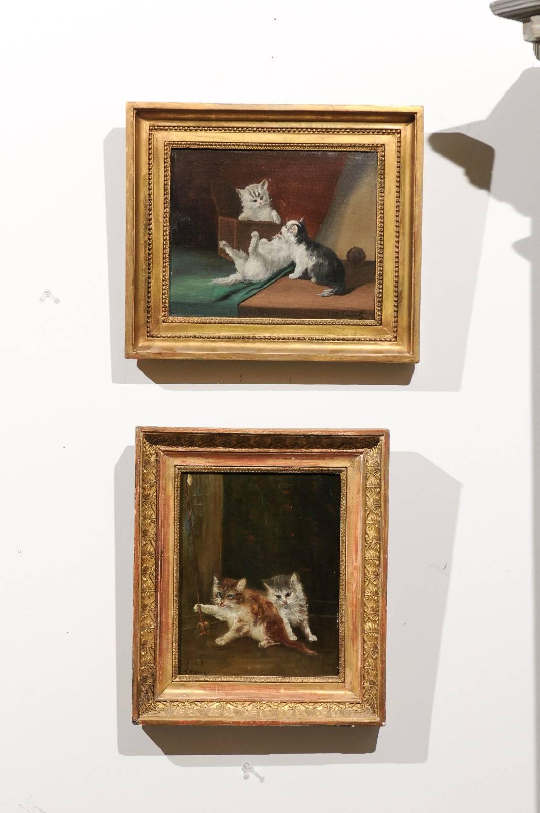 Une peinture française d'animaux à l'huile sur toile signée Laroche de la fin du 19ème siècle avec cadre en bois doré. Cette peinture française à l'huile sur toile représente deux adorables chatons jouant avec un bouchon à cordes. Placé sur un fond