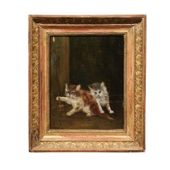 Vintage French 1890s Oil on Canvas Painting Featuring Playing Kittens in Giltwood Frame