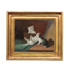 Antique 1890s Oil on Canvas Painting of Kittens Playing Signed by French Artist Laroche