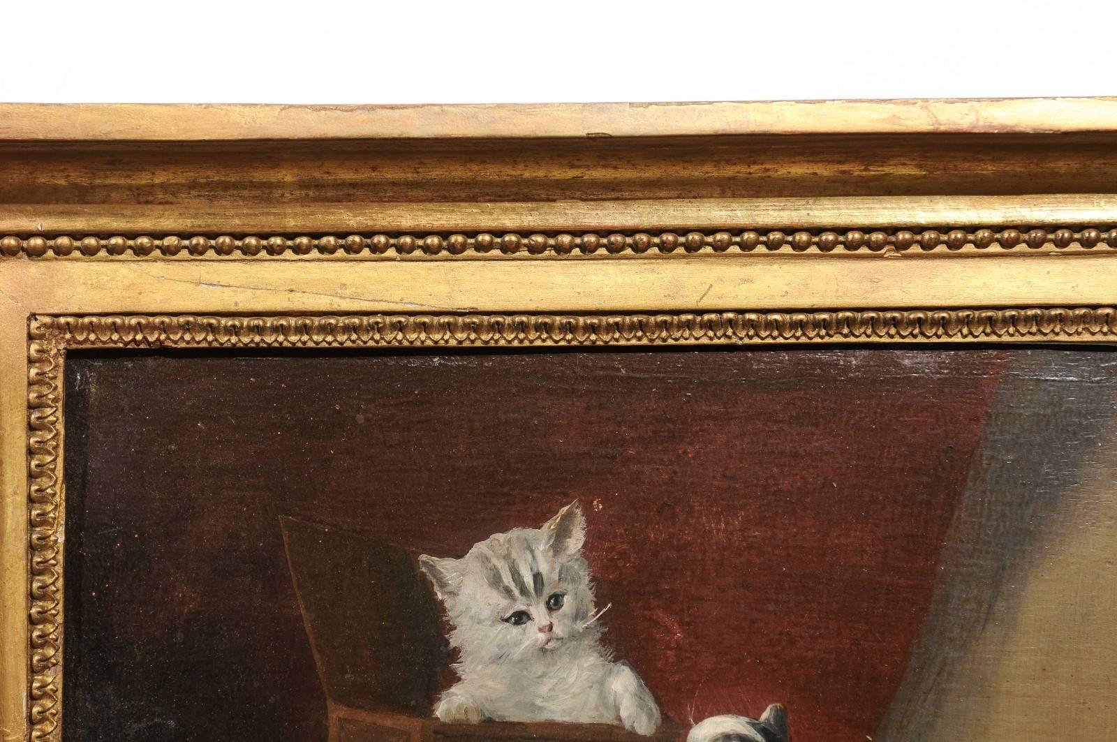 19th Century 1890s Oil on Canvas Painting of Kittens Playing Signed by French Artist Laroche