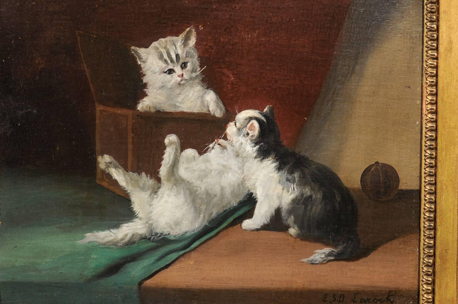 1890s Oil on Canvas Painting of Kittens Playing Signed by French Artist Laroche 2