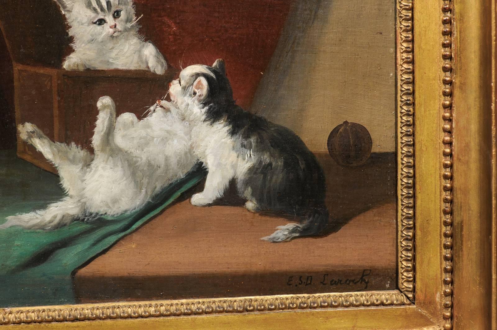 1890s Oil on Canvas Painting of Kittens Playing Signed by French Artist Laroche In Good Condition In Atlanta, GA