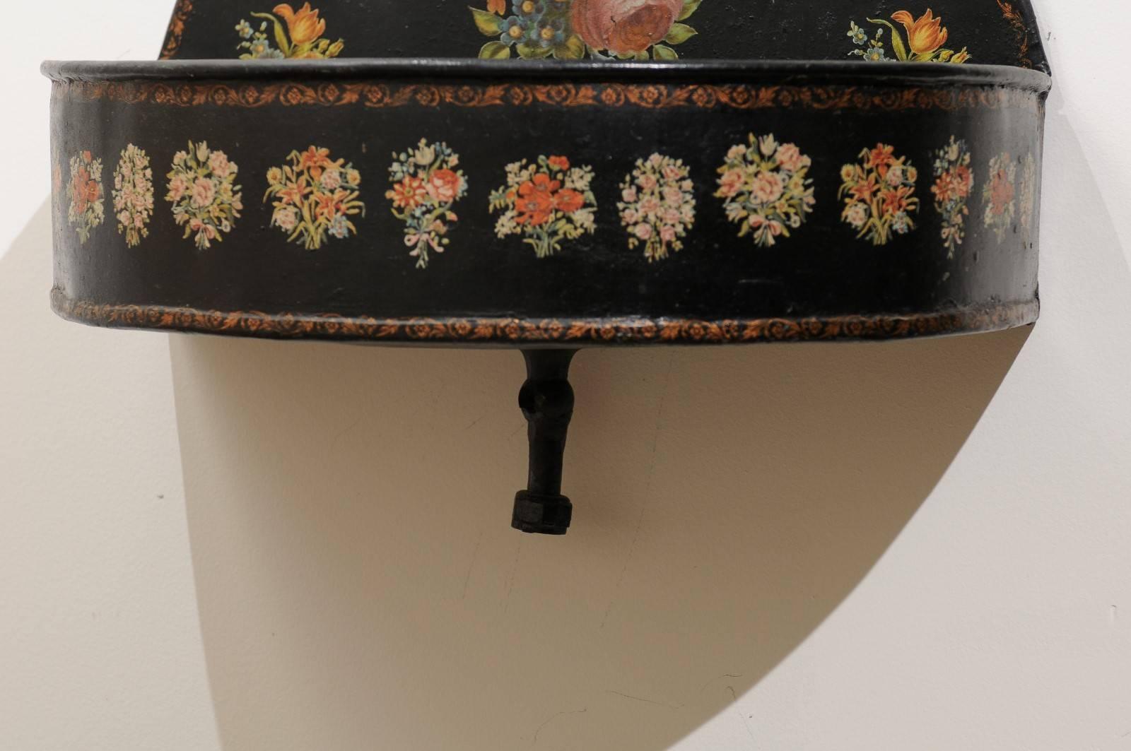 19th Century French Period Napoleon III Black Painted Tôle Lavabo with Floral Décor, 1870s