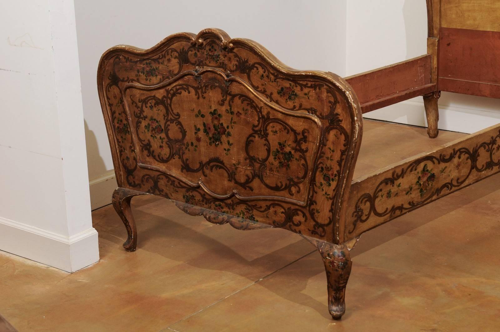 Painted Italian Rococo Style Early 19th Century Bed Frame with Floral and Bird Décor