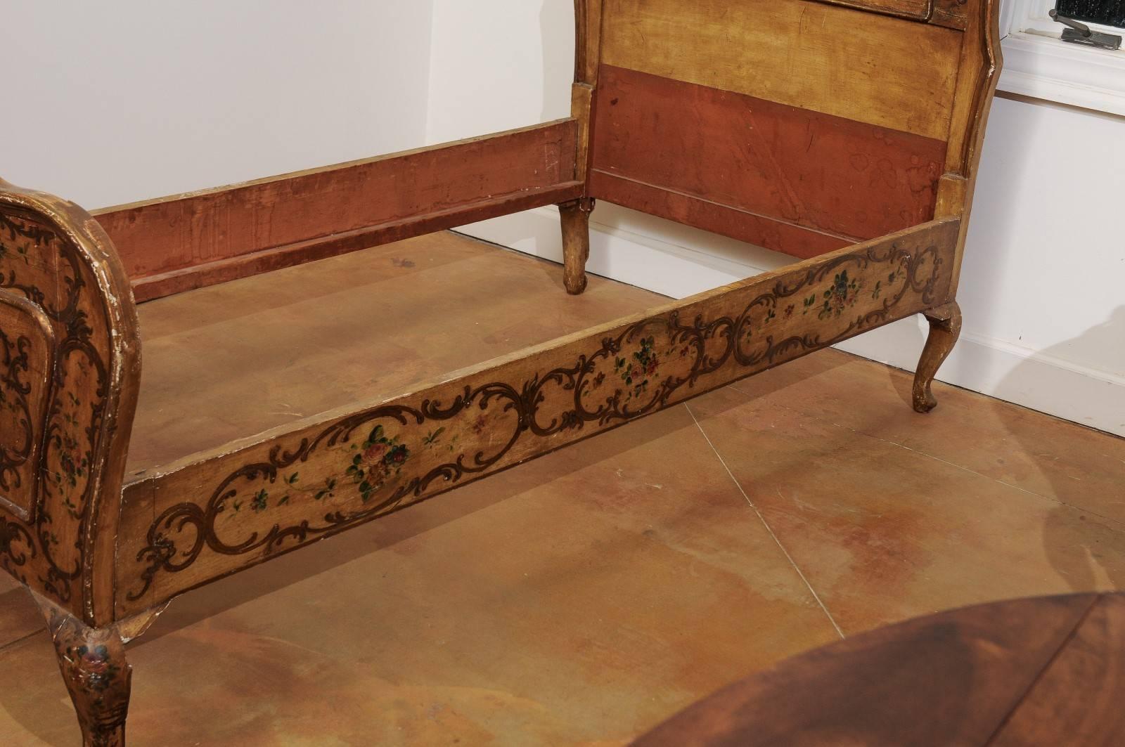 Wood Italian Rococo Style Early 19th Century Bed Frame with Floral and Bird Décor