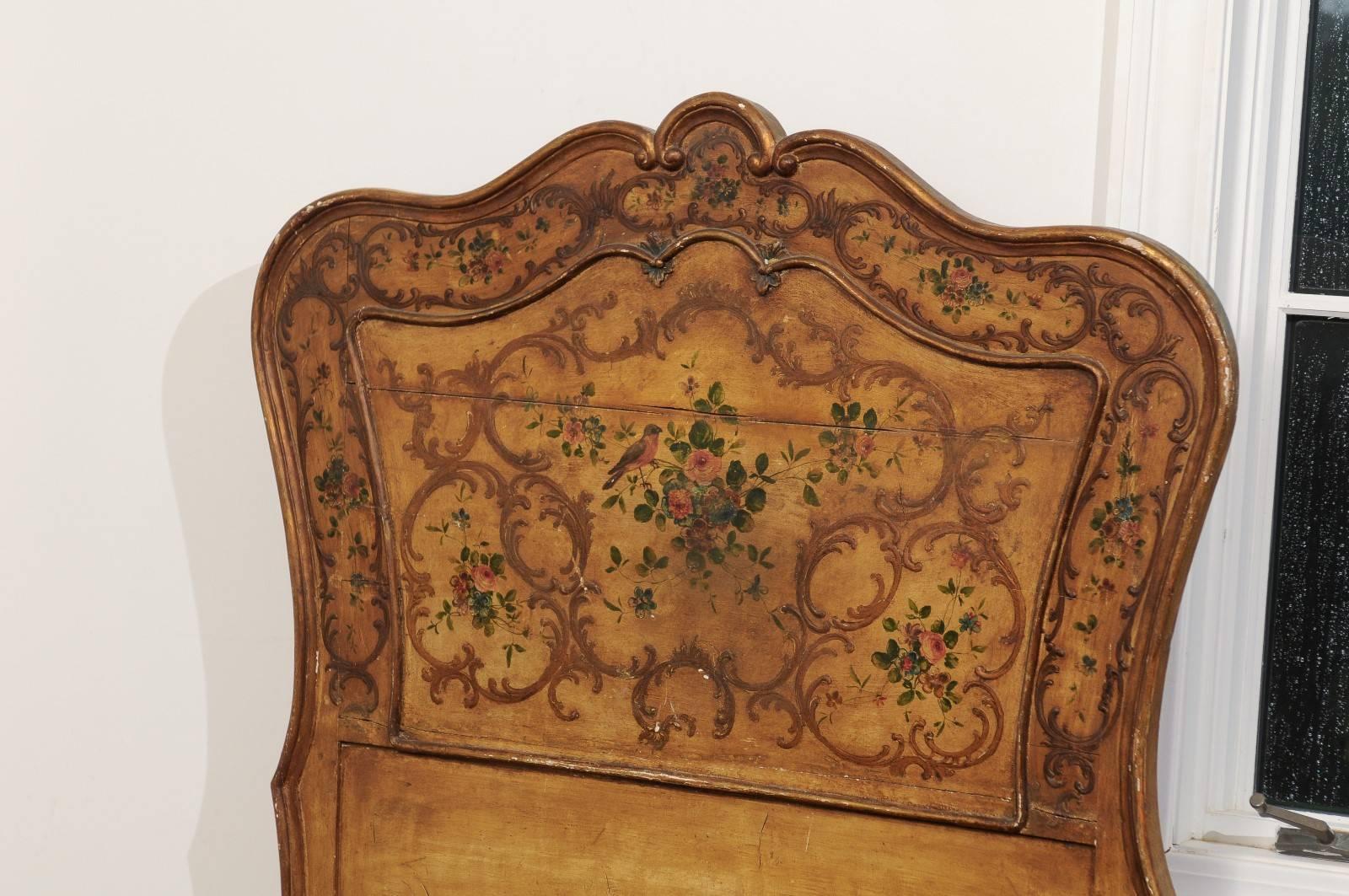 Italian Rococo Style Early 19th Century Bed Frame with Floral and Bird Décor In Good Condition In Atlanta, GA