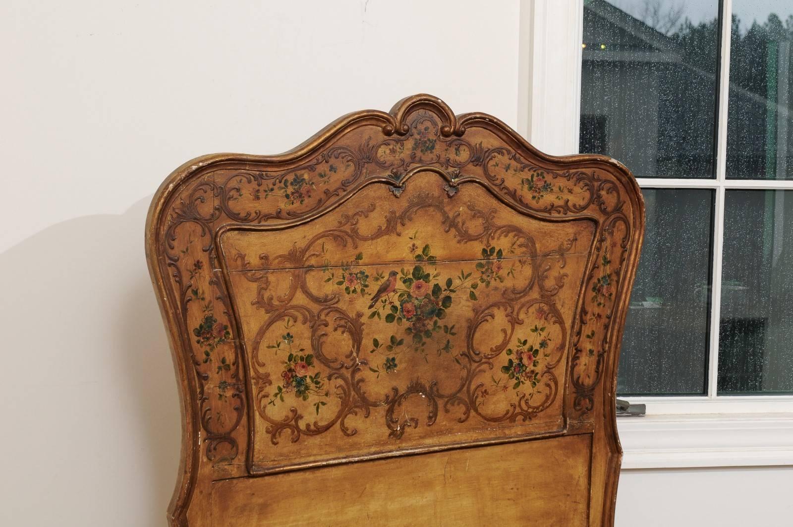 Italian Rococo Style Early 19th Century Bed Frame with Floral and Bird Décor 3