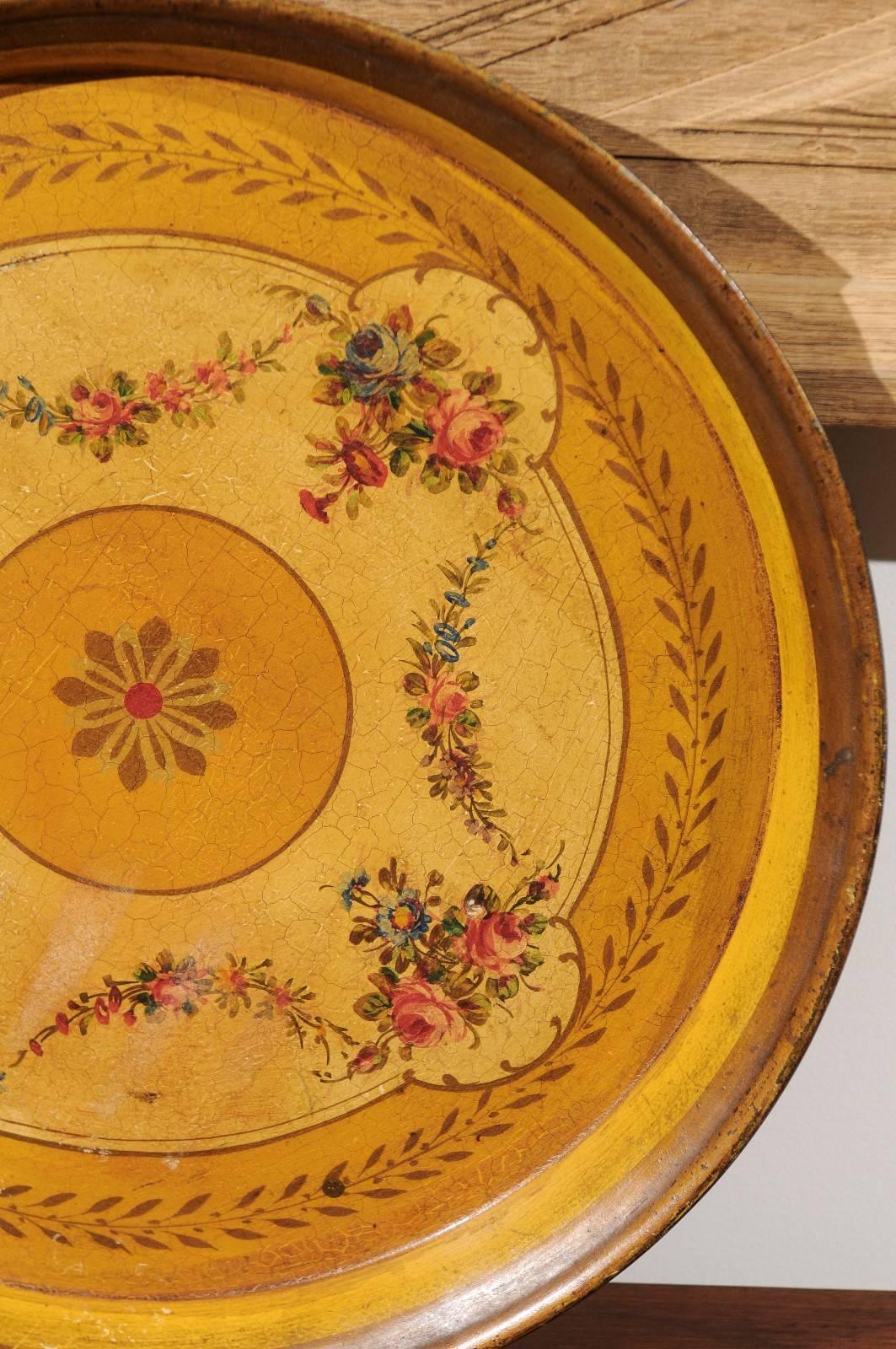 Tôle French Circular Painted Tole Tray with Floral Motifs from the 19th Century