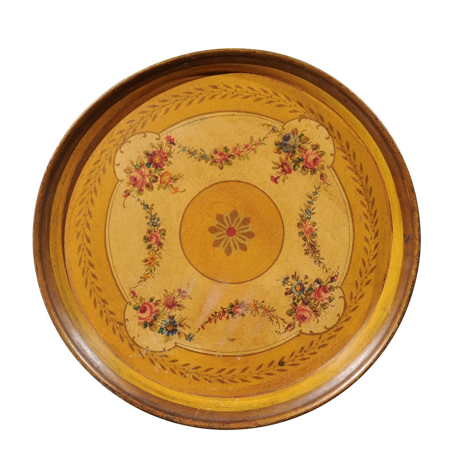 French Circular Painted Tole Tray with Floral Motifs from the 19th Century