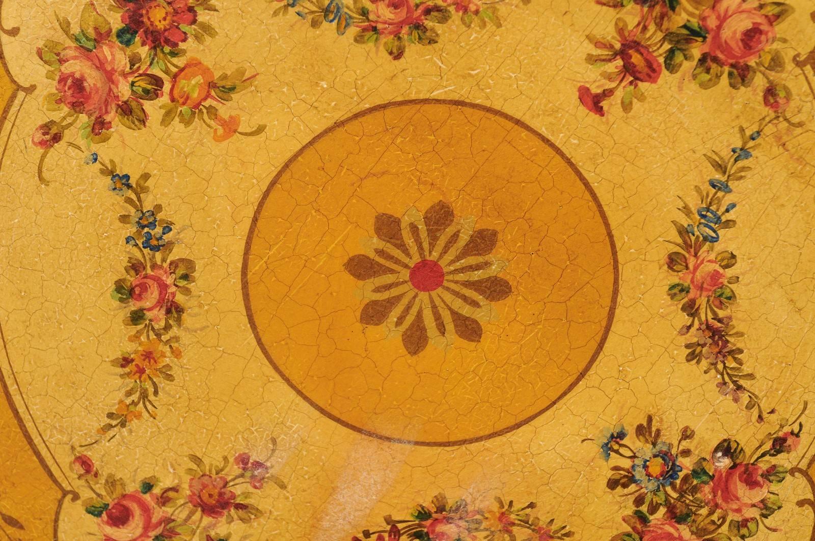 French Circular Painted Tole Tray with Floral Motifs from the 19th Century 1