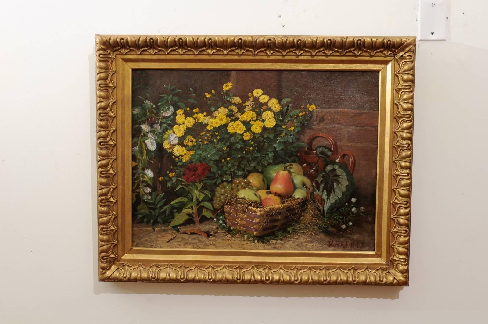 A French, 19th century still life oil painting signed by Victor Jacques Renault-des-Graviers, (1816-1904) and set in a giltwood frame. This French still life painting features an exquisite fruit and floral arrangement tastefully disposed around a