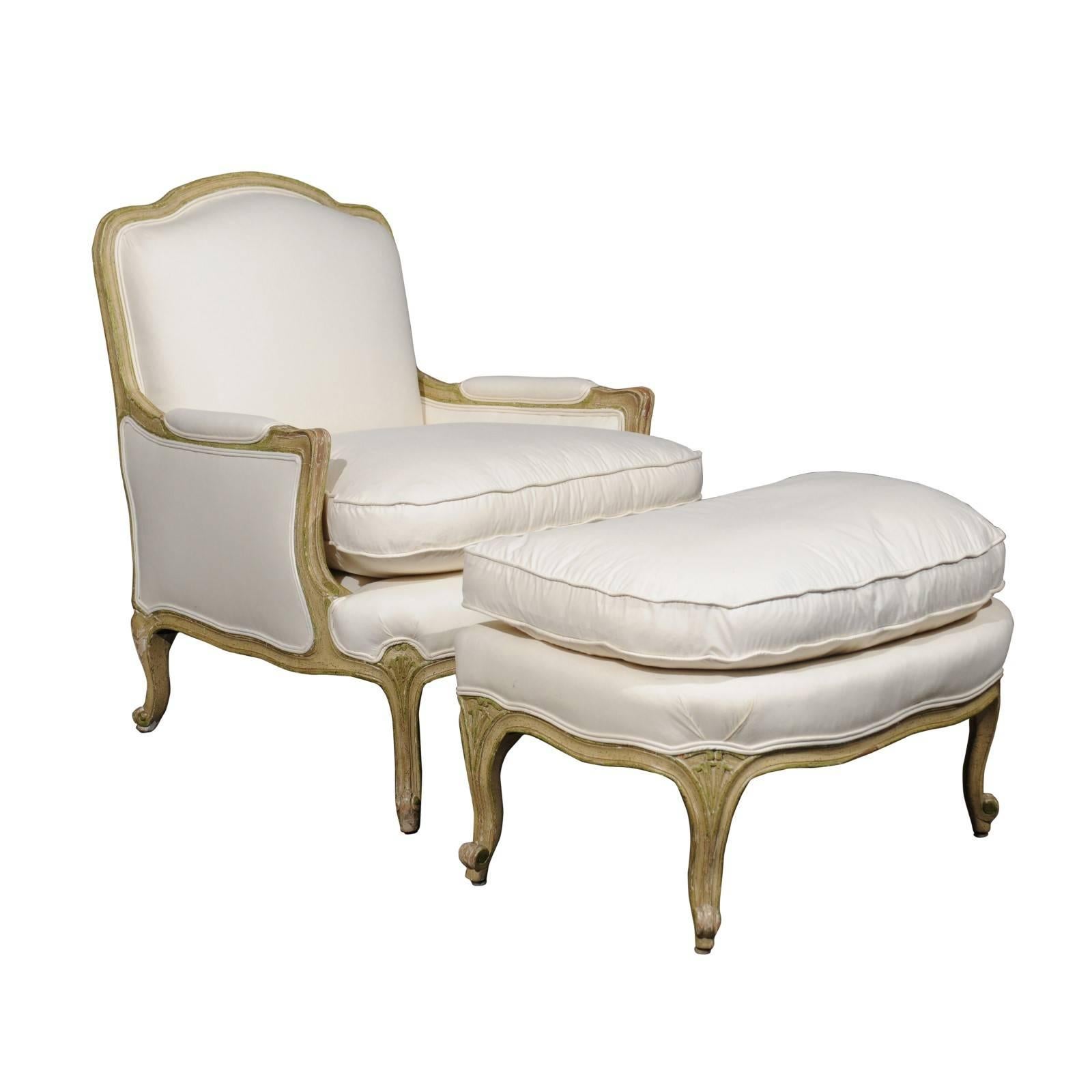 Louis XV French Bergère Chair and Ottoman from the 18th Century, Reupholstered