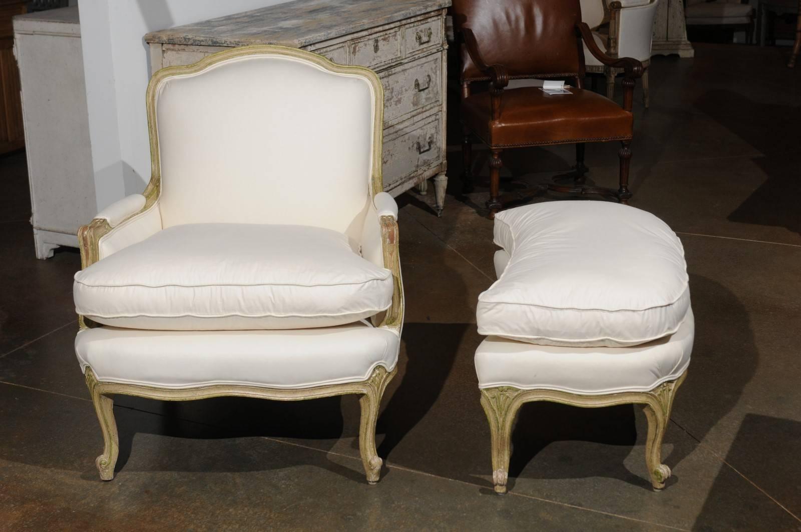 Painted Louis XV French Bergère Chair and Ottoman from the 18th Century, Reupholstered