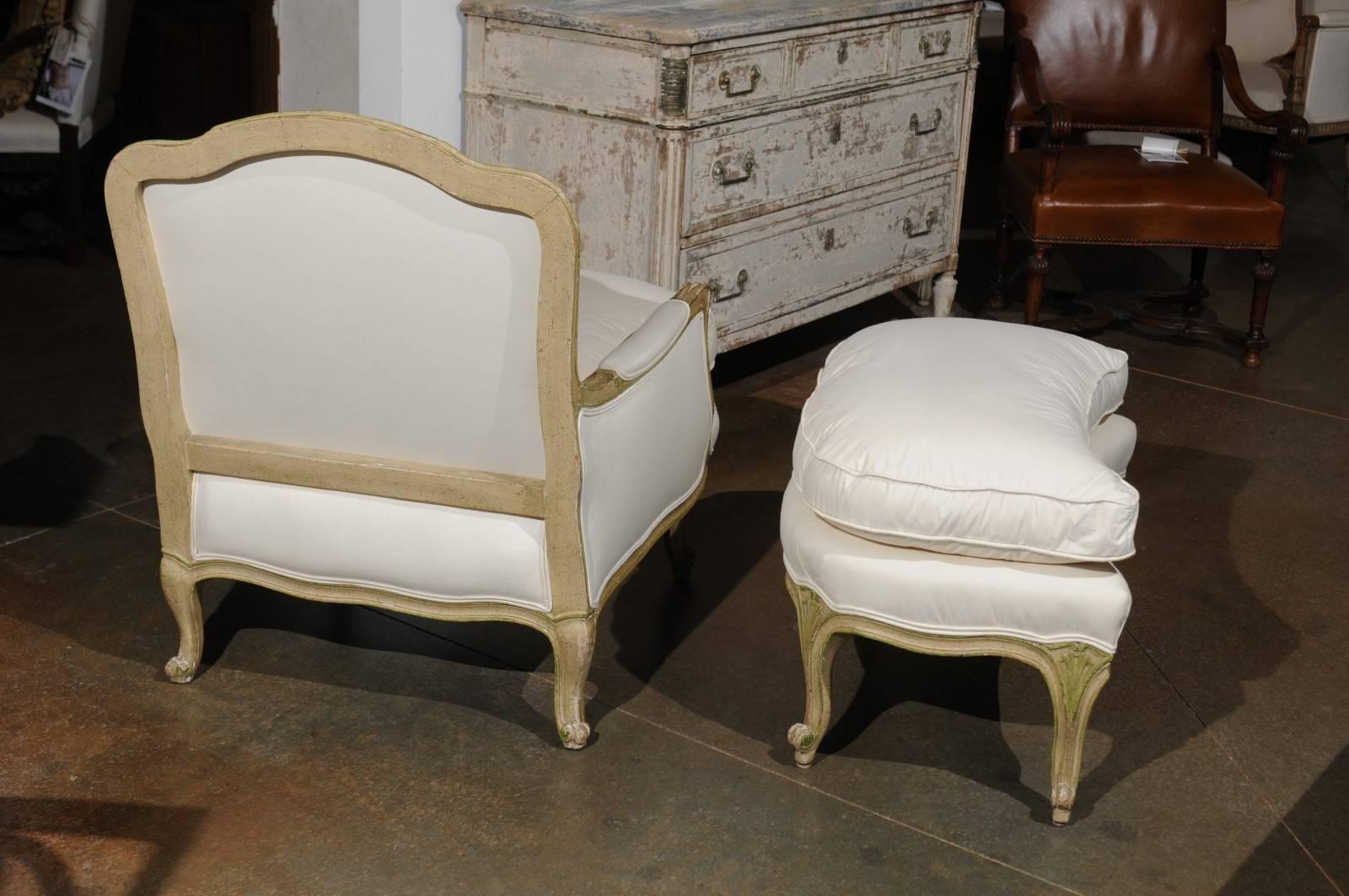 Wood Louis XV French Bergère Chair and Ottoman from the 18th Century, Reupholstered