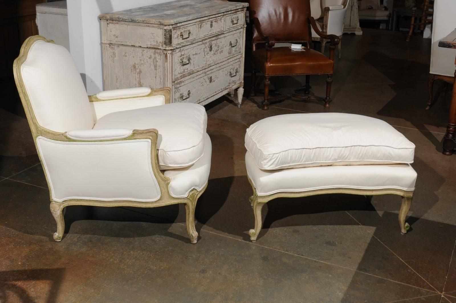 Louis XV French Bergère Chair and Ottoman from the 18th Century, Reupholstered In Good Condition In Atlanta, GA