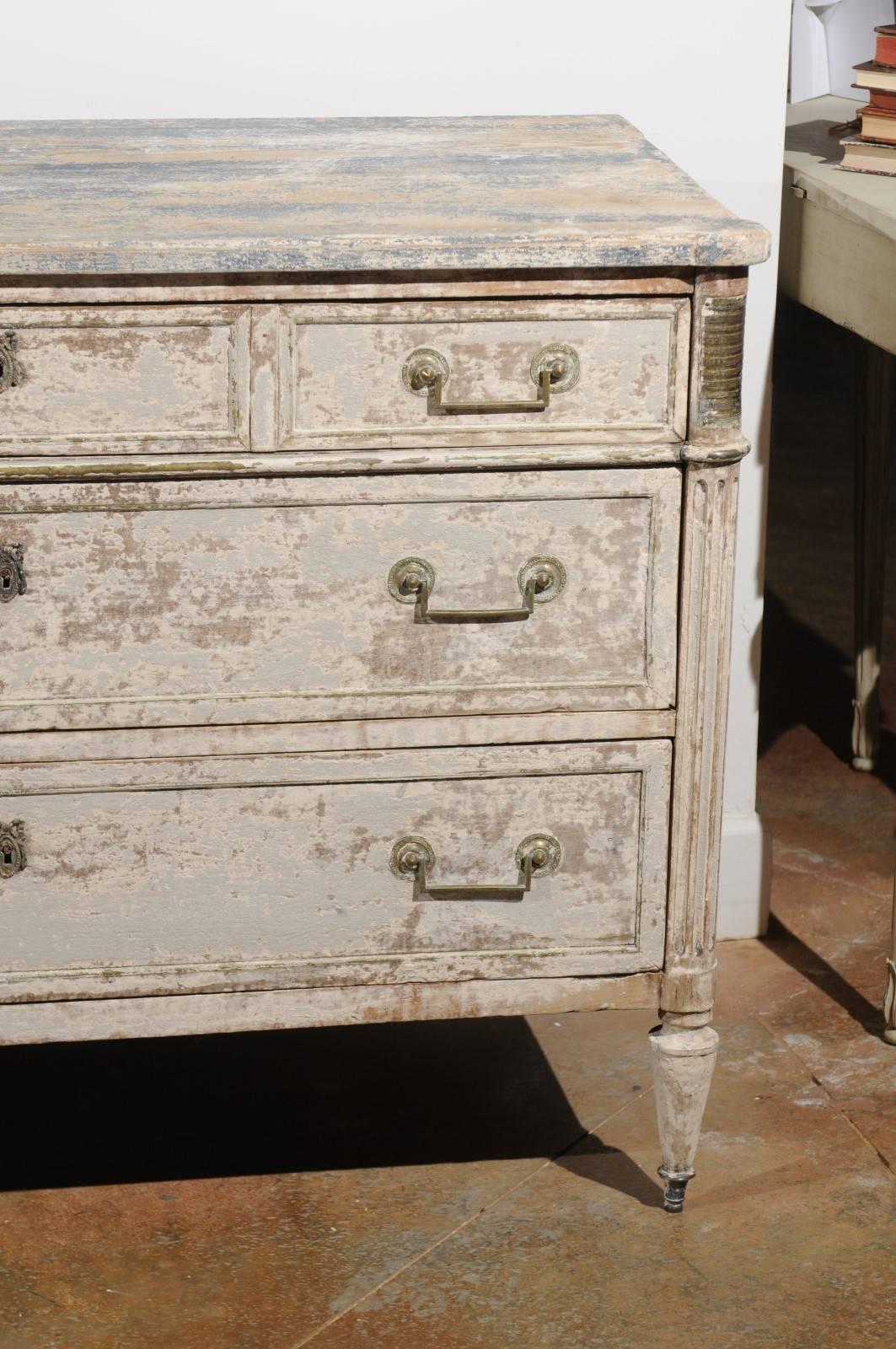 Wood French Neoclassical 1810 White Painted Three-Drawer Commode with Bronze Mounts