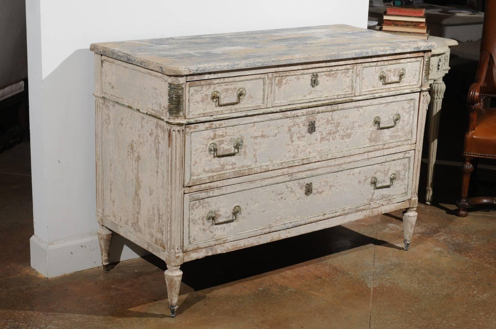French Neoclassical 1810 White Painted Three-Drawer Commode with Bronze Mounts 1
