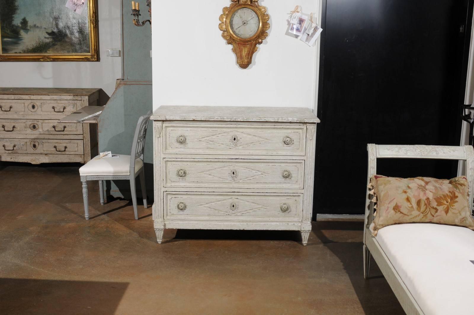 Wood Danish Neoclassical Period Three-Drawer Painted Commode with Diamond Motifs