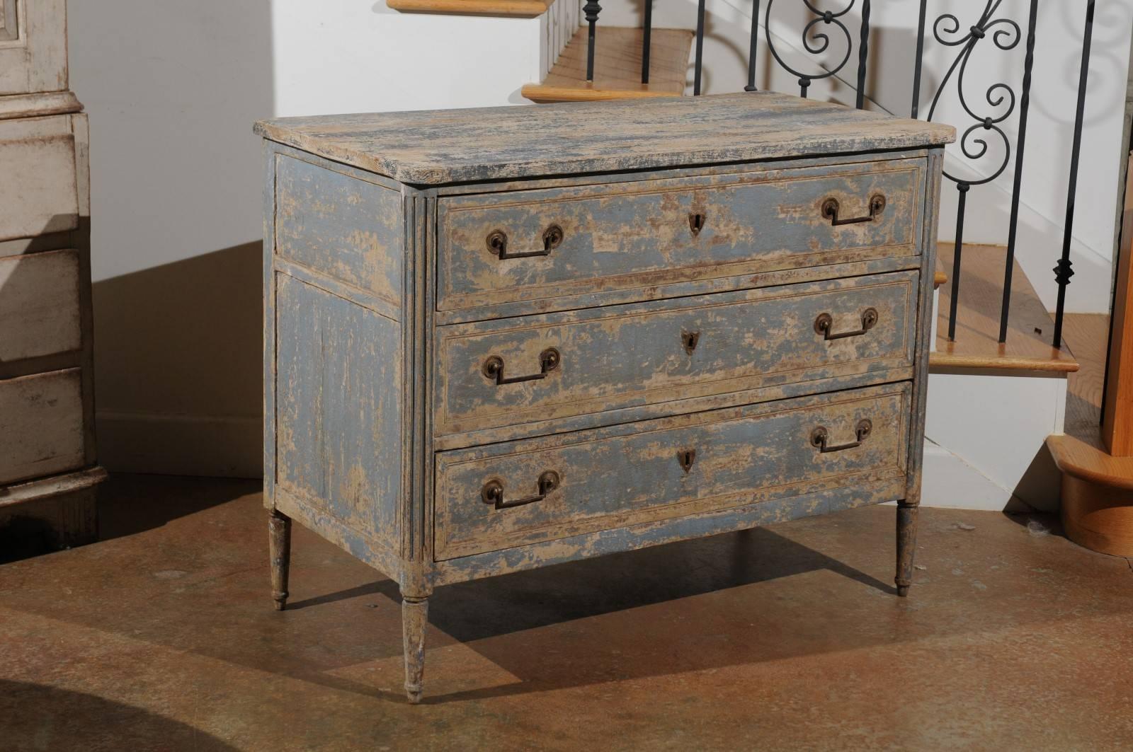 Wood Swedish 1800s Gustavian Period Blue Painted Three-Drawer Chest with Fluted Posts