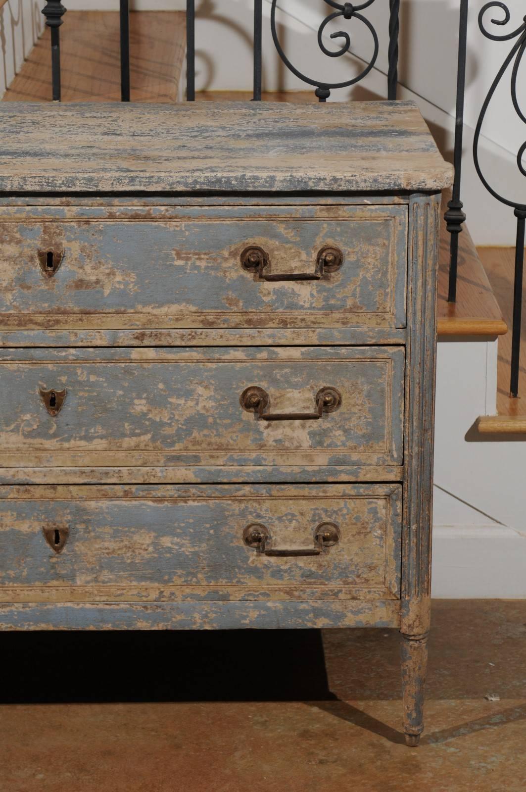 19th Century Swedish 1800s Gustavian Period Blue Painted Three-Drawer Chest with Fluted Posts