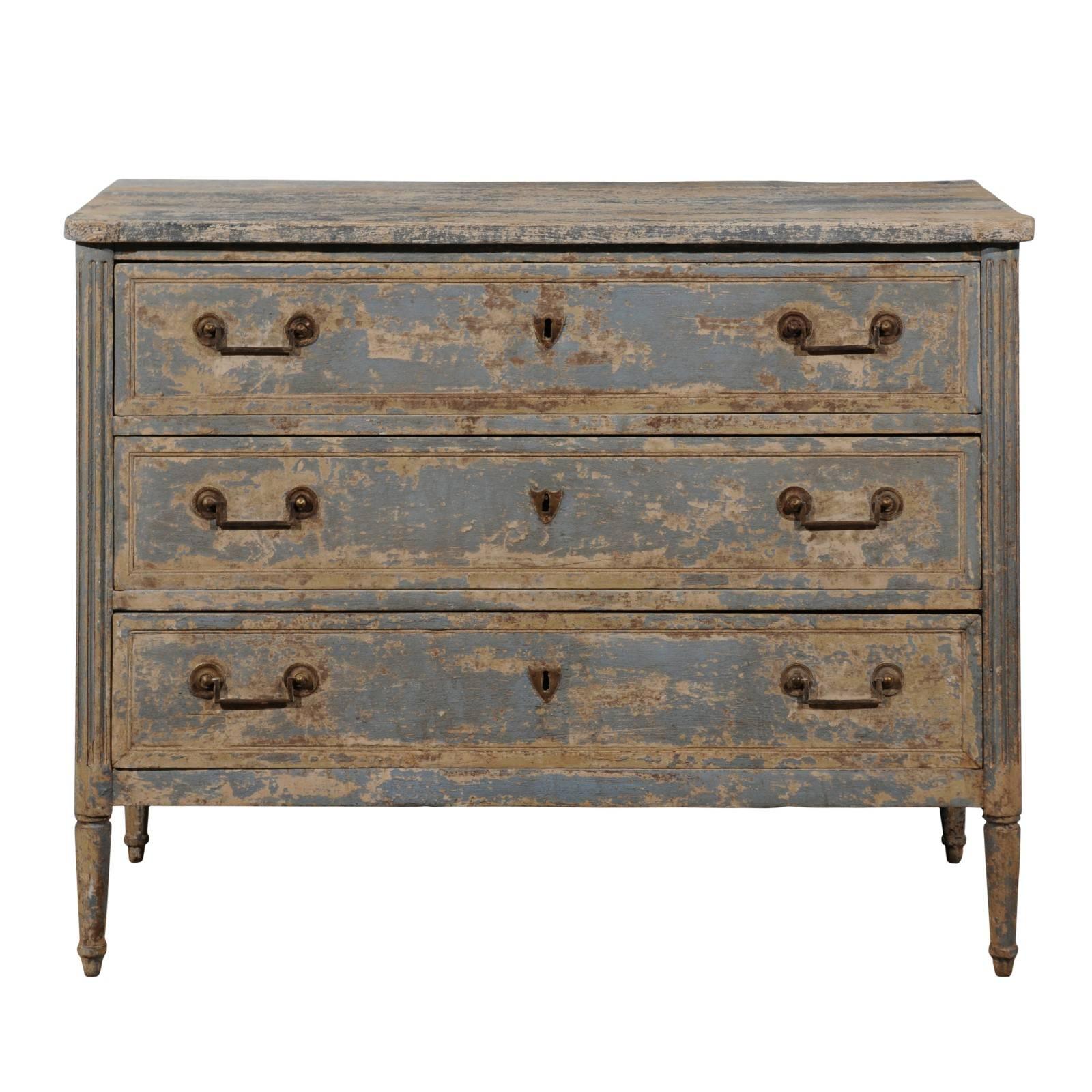 Swedish 1800s Gustavian Period Blue Painted Three-Drawer Chest with Fluted Posts