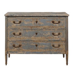 Swedish 1800s Gustavian Period Blue Painted Three-Drawer Chest with Fluted Posts